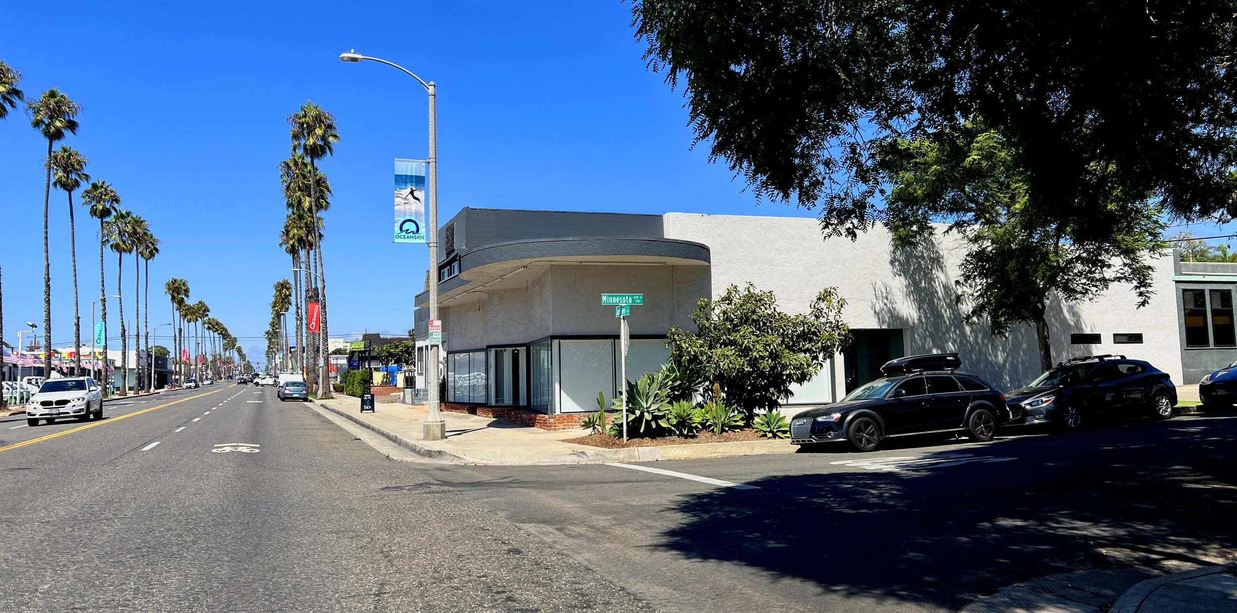 Sunny, palm tree-lined street outside the ReflexGRP office in Oceanside.