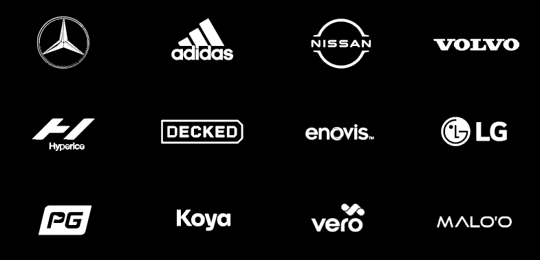 Logos of clients including Mercedes-Benz, Adidas, Nissan, Volvo, Hyperice, Decked, Enovis, LG, Performance Golf, Koya, Vero and Malo'o.